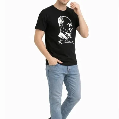 Kişi Qara Atatürk Çapılı Velosiped Yaxalı Köynək 2