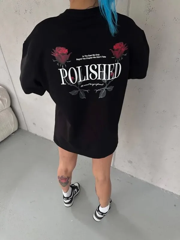 Ženska crna oversize biciklistička kragna printovana kratkih rukava majica 3