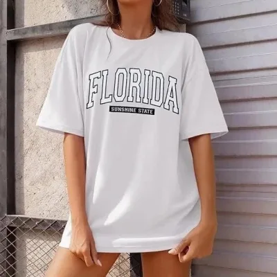 Damski Biały Koszulka z Nadrukiem Florida i Dekoltem w Serek 3