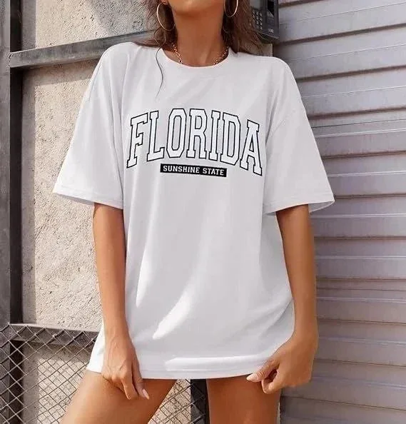 Damski Biały Koszulka z Nadrukiem Florida i Dekoltem w Serek 3