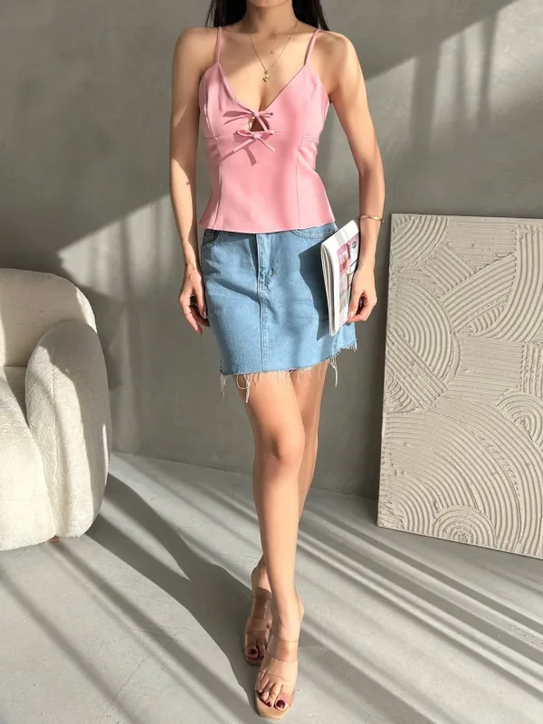 String Strap Bow Detail Crepe Blouse Powder 2