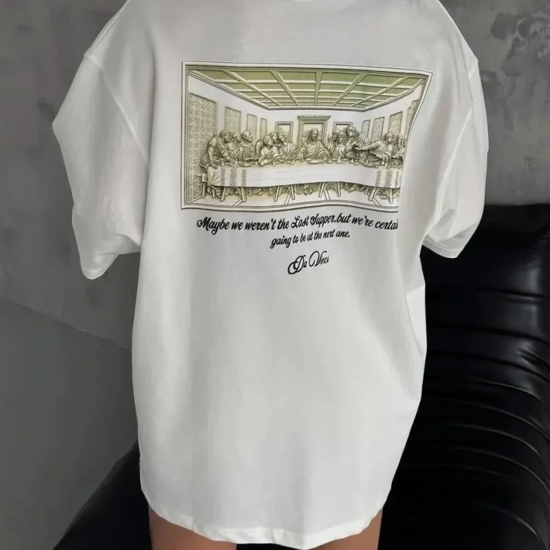Γυναικείο Λευκό Oversize Στρογγυλό Λαιμό Τυπωμένο T-Shirt