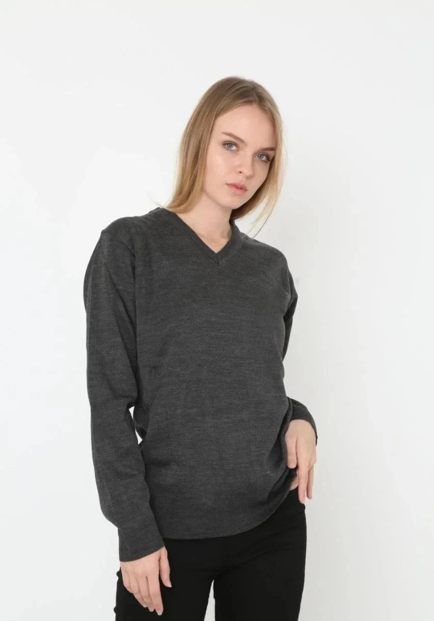 Women's Anthracite Plain Woven V-Neck Long Sleeve Knit Sweater