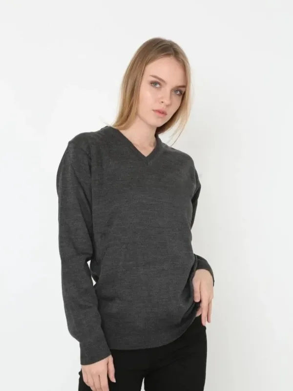 Damski antracytowy gładki tkany dekolt V długi rękaw sweter 1