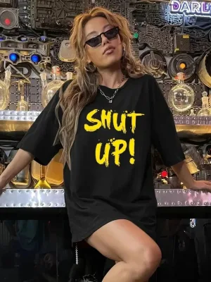 Ženska Crna Bicikli Kragna Shut Up Print Kratki Rukav Majica