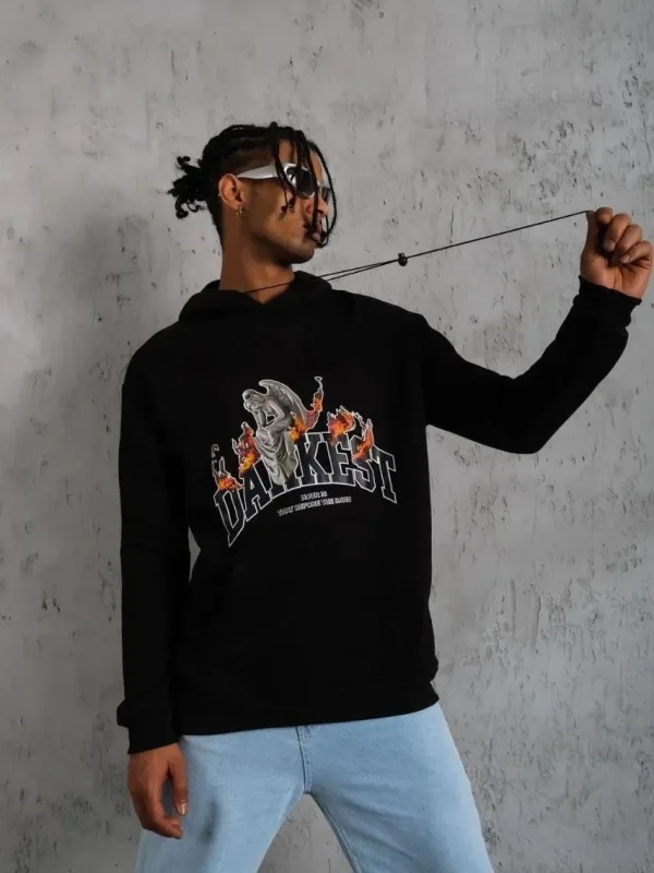Férfi fekete 3 szálas pamut kapucnis nyomott kenguru zsebes sweatshirt 1