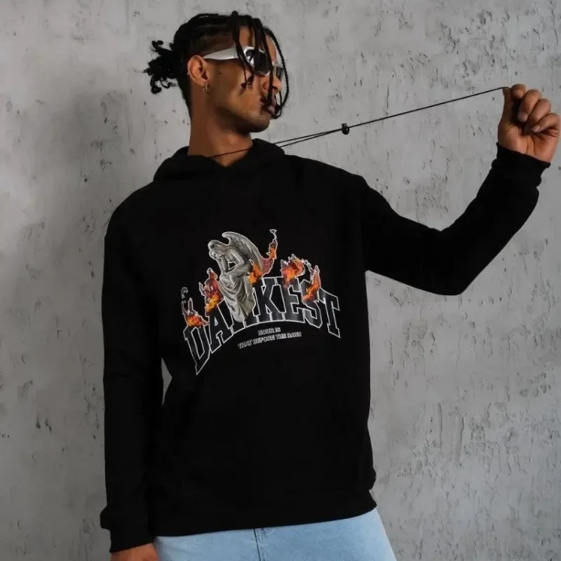 Férfi fekete 3 szálas pamut kapucnis nyomott kenguru zsebes sweatshirt