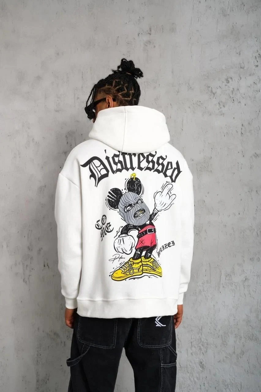 Muški bijeli oversize 3-niti pamučni s kapuljačom tiskani s džepom sweatshirt