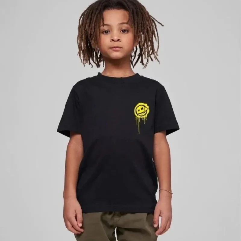 Dečija crna oversize štampana okrugla kragna T-shirt