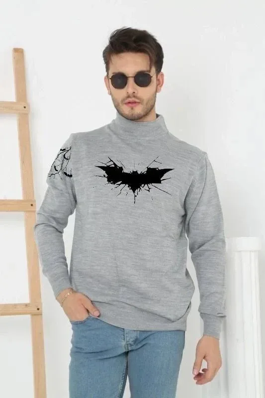 Pánský šedý poloroláčkový potištěný triko svetr