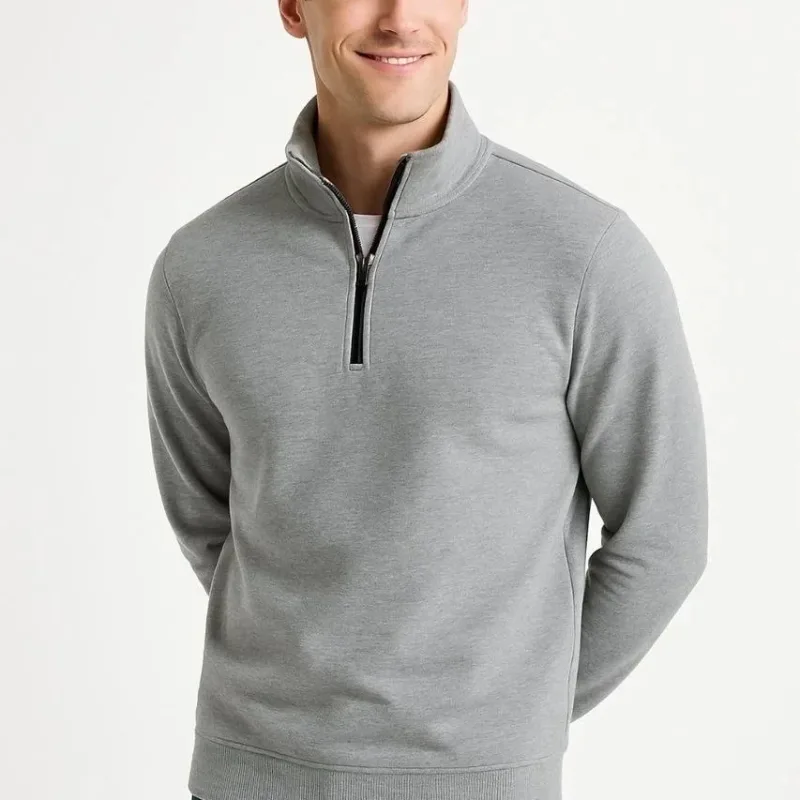 Pánský šedý stojáček s polovičním zipem, 3-nitní silný bavlněný sweatshirt
