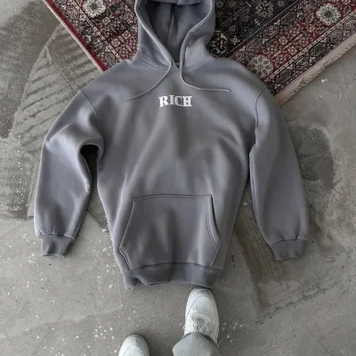 Pánský šedý oversized bavlněný sweatshirt s kapucí a potiskem, 3 nitě 2