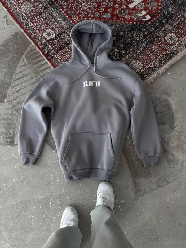 Pánský šedý oversized bavlněný sweatshirt s kapucí a potiskem, 3 nitě 2