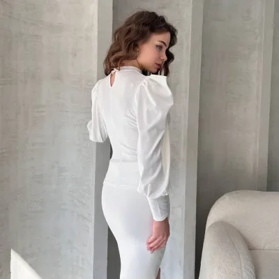 Bluzë Crep me Jakë Puthje dhe Mëngë Princeshe e Bardhë 4