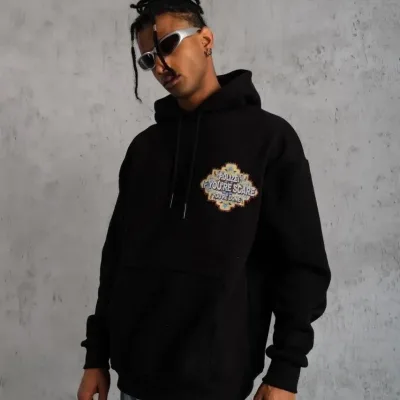 Men's Black Oversize 3-Thread Cotton Hooded Printed Sweatshirt with Pockets 3