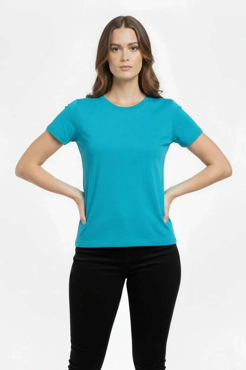 Damski turkusowy slim fit T-shirt z dekoltem w serek, elastyczny, podstawowy