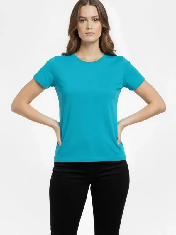 Damski turkusowy slim fit T-shirt z dekoltem w serek, elastyczny, podstawowy 1