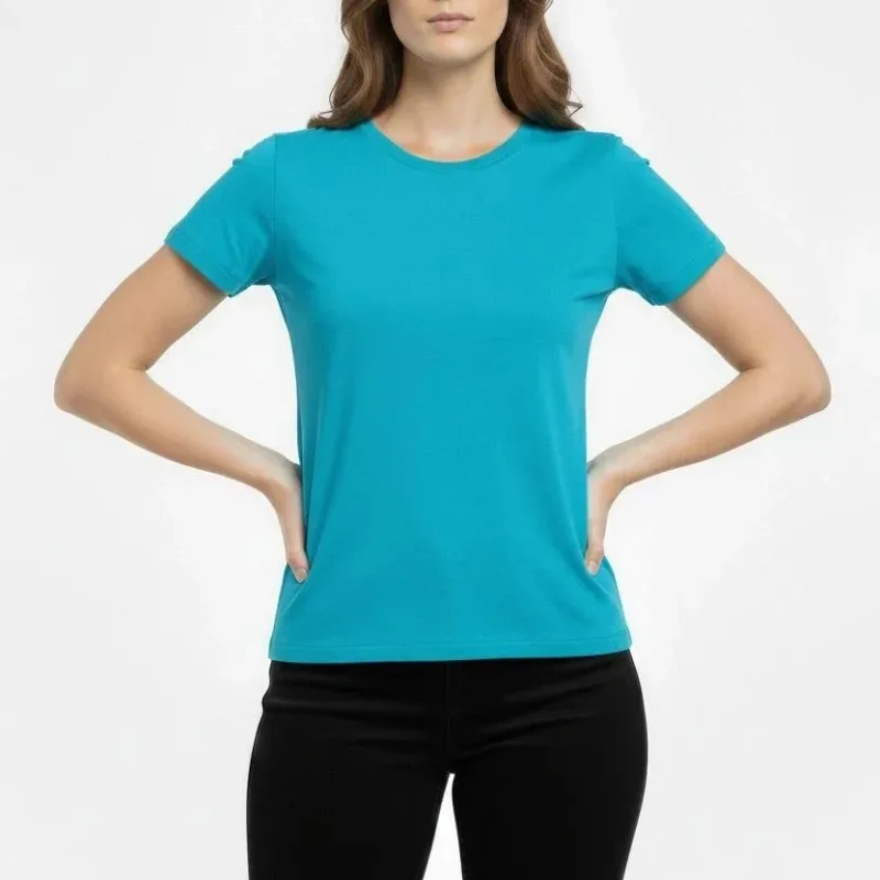 Γυναικείο Τιρκουάζ Slim Fit Με Λύκρα Στρογγυλή Λαιμόκοψη Βασικό T-Shirt