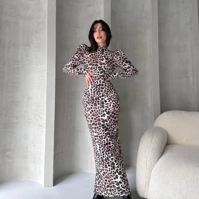 Back Cutout Leopard Pattern Dress Beige 3