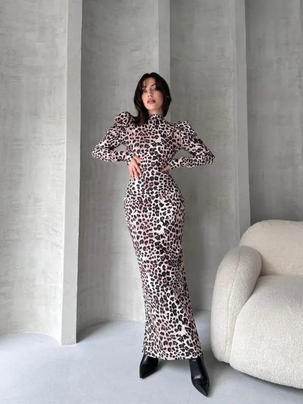 Back Cutout Leopard Pattern Dress Beige 3