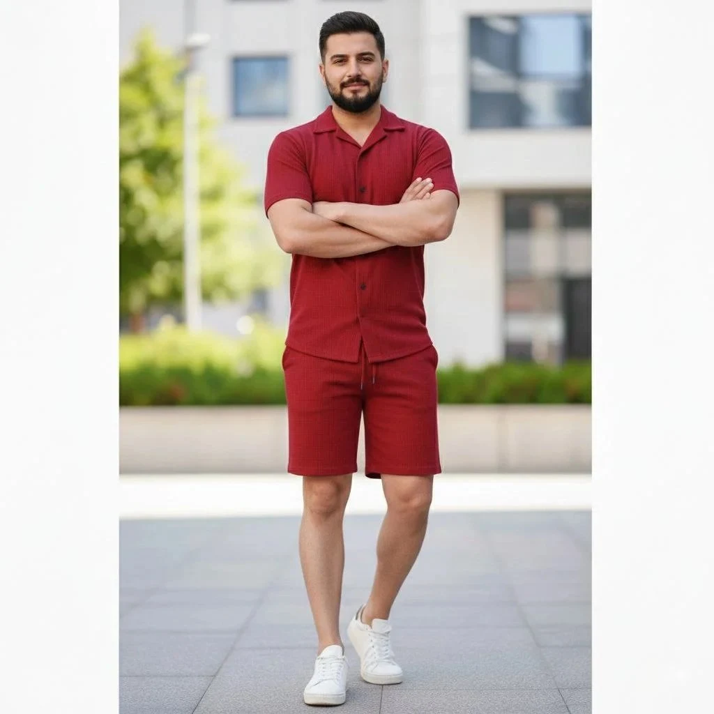Kişi Tünd Qırmızı Regular Vaffel Parça Qısa Qol Köynək Şort Dəst