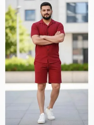 Muška Bordo Regular Vafel Tkanina Kratki Rukav Košulja Kratke Hlače Set