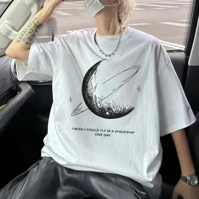 Men's White Oversize Bicycle Neck Printed T-Shirt 2