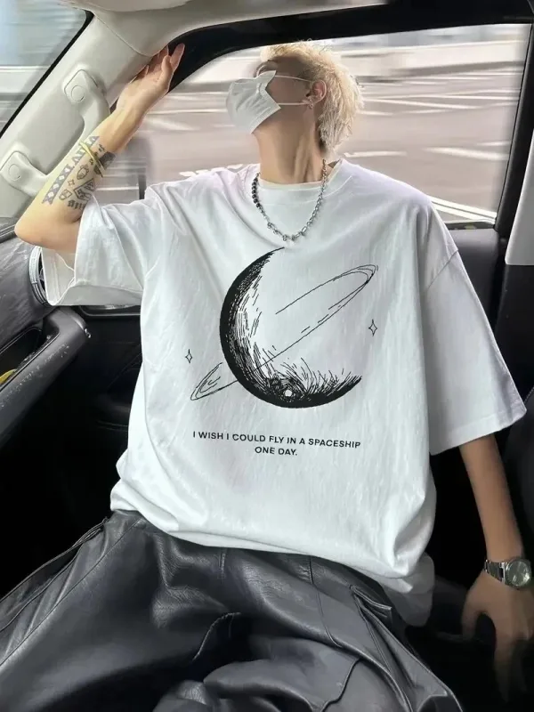 Men's White Oversize Bicycle Neck Printed T-Shirt 2