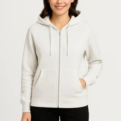 Női Fehér Teljes Cipzáras 3 Szálas Kapucnis Kenguru Zsebes Sweatshirt 4