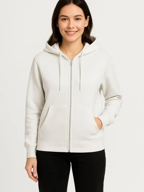 Női Fehér Teljes Cipzáras 3 Szálas Kapucnis Kenguru Zsebes Sweatshirt 4