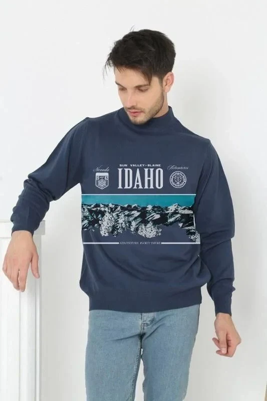 Men's Indigo Half Turtleneck Printed Knit Sweater