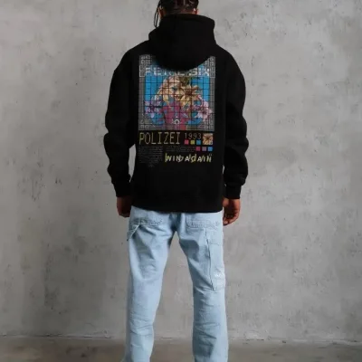 Muški crni oversize 3-niti pamučni s kapuljačom tiskani sweatshirt 3