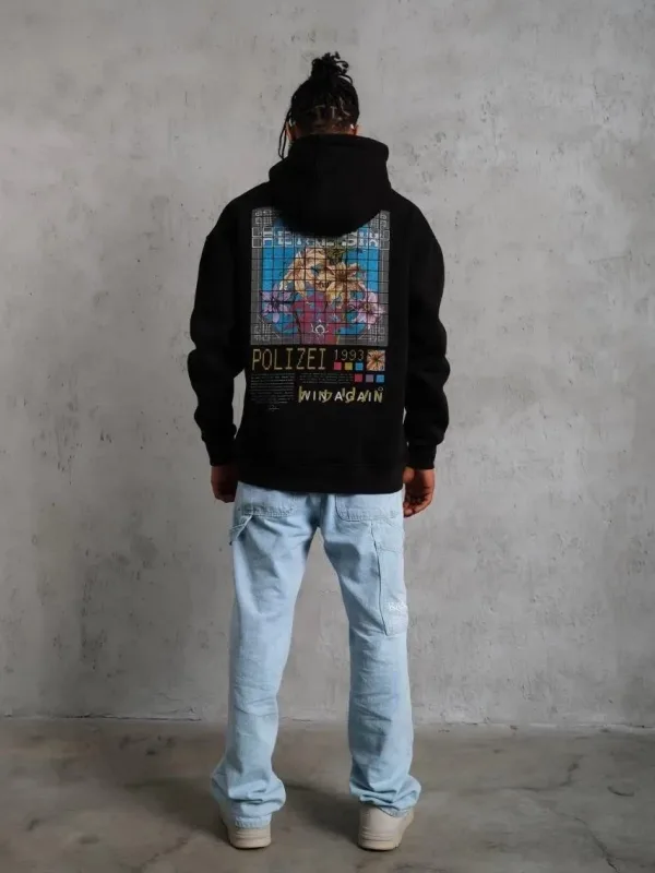 Muški crni oversize 3-niti pamučni s kapuljačom tiskani sweatshirt 3