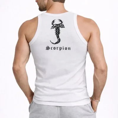 Ανδρικό Λευκό Slim Fit Στρογγυλή Λαιμόκοψη Ριμπ Σχέδιο Πίσω Τυπωμένο Αθλητικό Φανελάκι 2