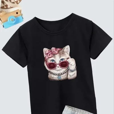 Lány Gyermek Fekete Kerékpár Nyakú Nyomott Póló 1