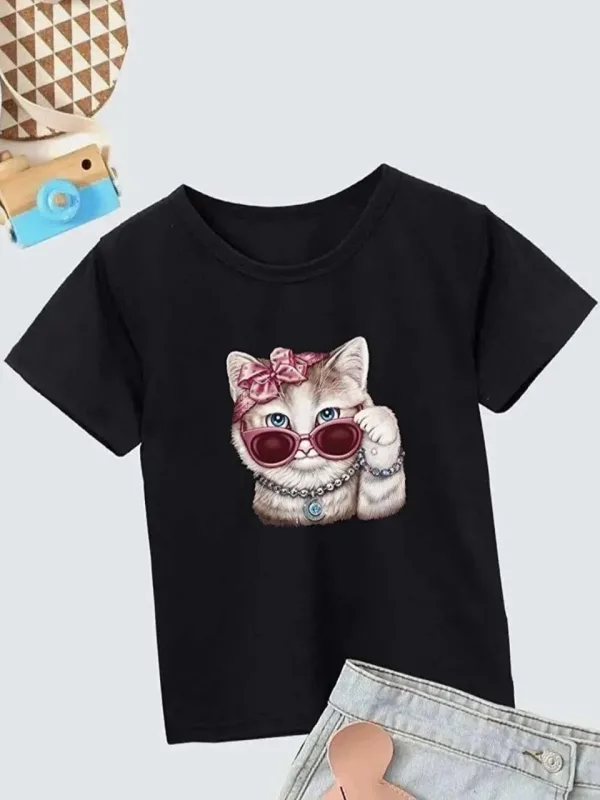 Lány Gyermek Fekete Kerékpár Nyakú Nyomott Póló 1