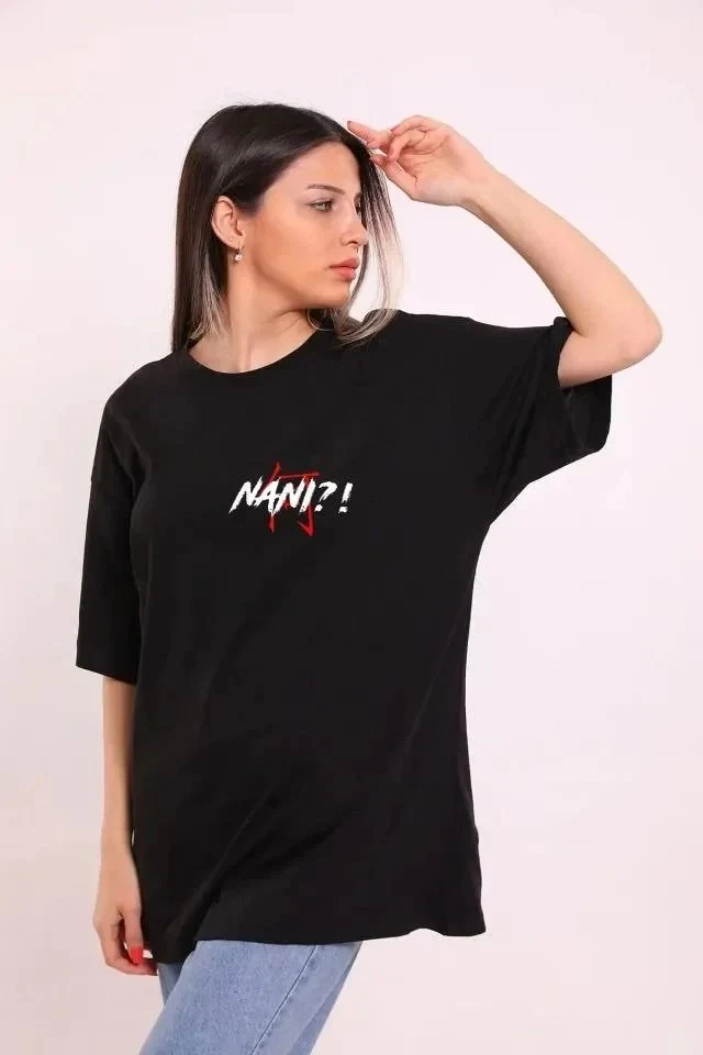 Женски Црн Oversize Бициклета Јака Печатена Маица