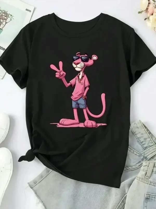 Ženska bijela bicikli vrat panter tiskani kratki rukav majica 2