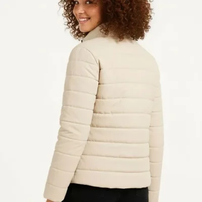 Women's Beige Micro Water Repellent Quilted Printed Zippered Bomber Jacket 3