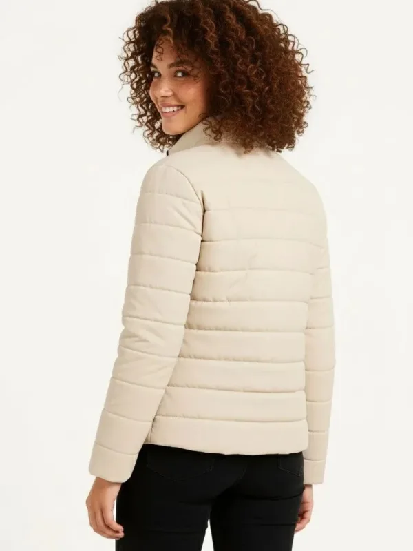 Women's Beige Micro Water Repellent Quilted Printed Zippered Bomber Jacket 3