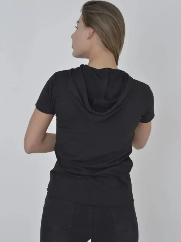 Женски црн Slimfit бициклистички врат краток ракав со качулка маица 1