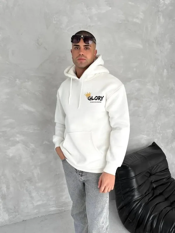 Muška bijela 3 niti pamučna kapuljača tiskani džep klokana sweatshirt 1
