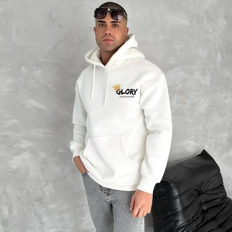 Muška bijela 3 niti pamučna kapuljača tiskani džep klokana sweatshirt
