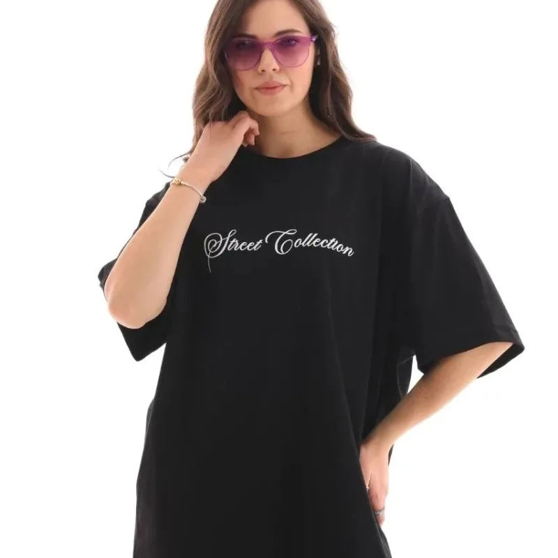 Női Fekete Oversize Kerékpárnyakú Nyomott Póló