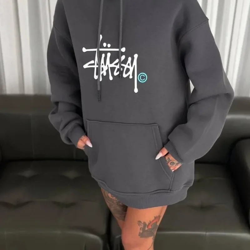 Femeie Fum Oversize Glugă Imprimată 3 Fire Bumbac Sweatshirt