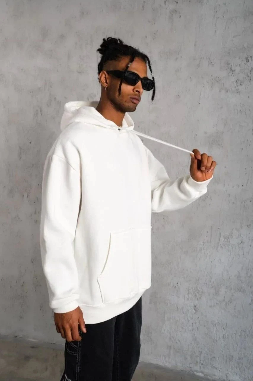 Muški bijeli oversize 3-nitni pamučni hoodie s džepovima