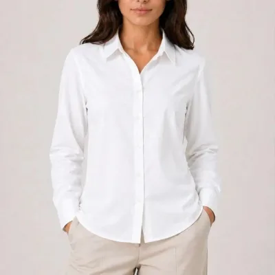Women's White Classic Collar Long Sleeve Buttoned Office Shirt 2