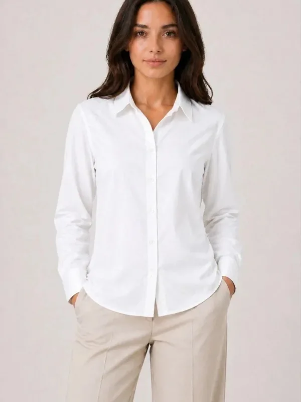 Women's White Classic Collar Long Sleeve Buttoned Office Shirt 2