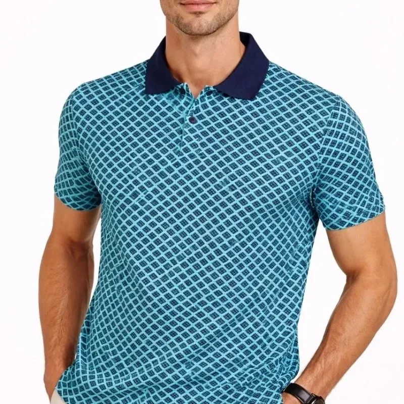 Man Turquoise Pique Fabric Polo Collar Patterned Short Sleeve T-Shirt