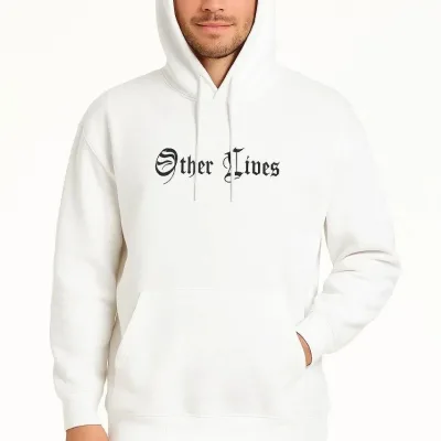 Férfi fehér 3 szálas pamut nyomott kapucnis kenguru zsebes sweatshirt 1